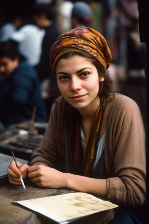 portrait of a young woman sketching at her market stall, created with generative aiの素材