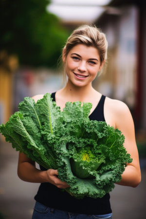 portrait of a young woman holding fresh kale at a farmers market, created with generative aiの素材