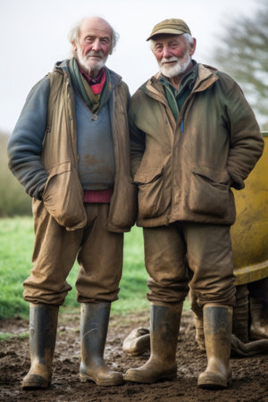 portrait of two farmers standing together in their muddy boots, created with generative aiの素材
