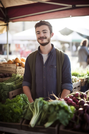 portrait of a young man working at a farmers market, created with generative aiの素材