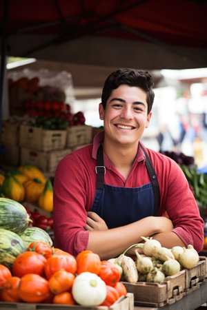 portrait of a young man working at a farmers market, created with generative aiの素材