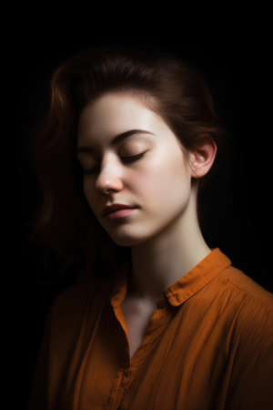 studio shot of a beautiful young woman with her eyes closed against a dark background, created with generative aiの素材