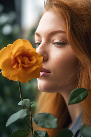cropped shot of an unrecognizable woman smelling a rose, created with generative aiの素材