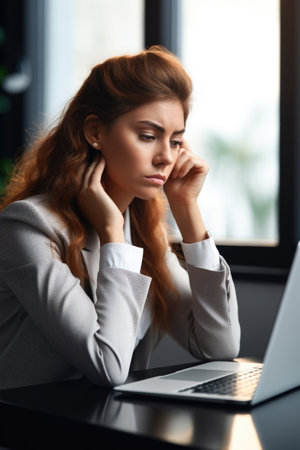 cropped shot of a young businesswoman looking stressed out while working on a laptop in an office, created with generative aiの素材