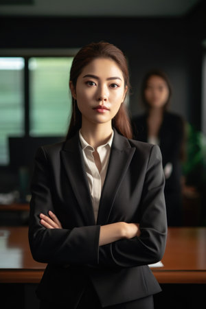 cropped portrait of a beautiful young businesswoman standing in the boardroom during a meeting, created with generative aiの素材