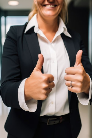 cropped shot of an unrecognizable businesswoman showing a thumbs up, created with generative aiの素材