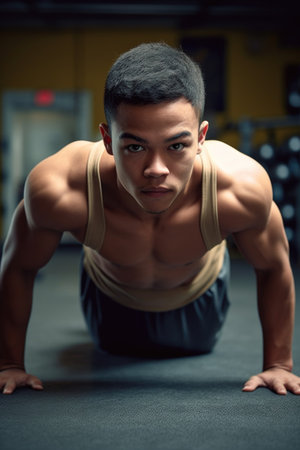 a young man doing pushups during his workout at the gym, created with generative aiの素材