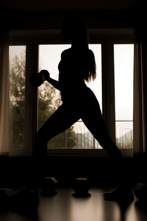 silhouette of a woman doing an exercise with weights, created with generative aiの素材