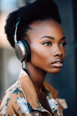 cropped shot of a beautiful young woman with headphones on, created with generative aiの素材
