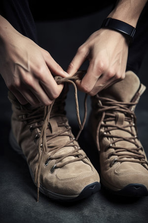 closeup shot of an unrecognizable man tying up his laces, created with generative aiの素材