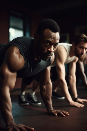 shot of a fitness coach showing his clients how to do push ups, created with generative aiの素材