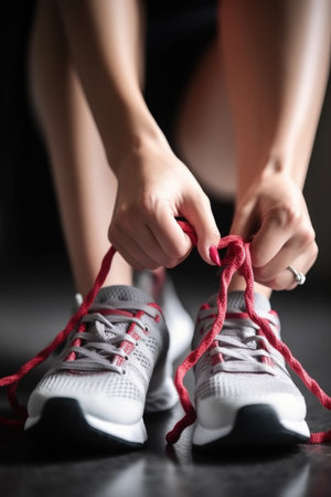 closeup shot of an unrecognizable woman tying her shoelaces in a gym, created with generative aiの素材