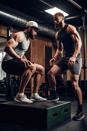 shot of a young man doing box jumps with his trainer at a gym, created with generative aiの素材