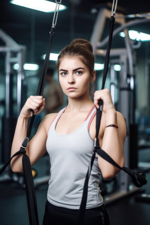 portrait of a beautiful young woman exercising in a gym, created with generative aiの素材