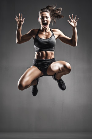 shot of a sporty young woman jumping in the air, created with generative aiの素材