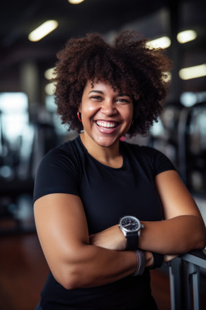 big smile, black woman and watch in gym for training, workout or exercise, created with generative aiの素材