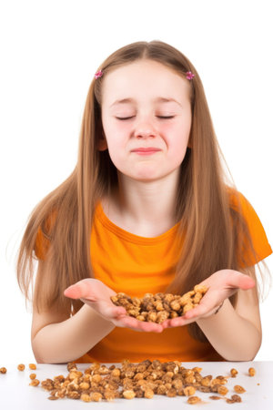 young girl allergic to nuts and isolated on a white background, created with generative aiの素材