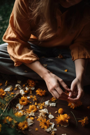 cropped shot of an unrecognizable woman collecting petals from plants, created with generative aiの素材