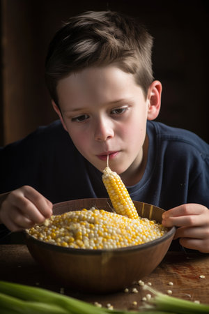 young boy sitting behind a bowl of corn and spooning it into his mouth, created with generative aiの素材