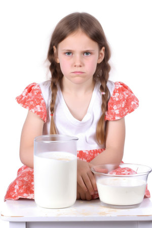 an unhappy little girl suffering from a milk allergy isolated on white, created with generative aiの素材
