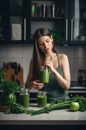 woman with green smoothie, probiotic and vegan diet in a kitchen, created with generative aiの素材