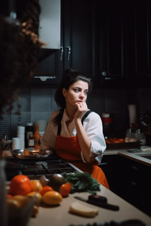 woman talking on phone while cooking in the kitchen, created with generative aiの素材