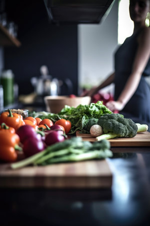 cropped shot of a woman vegetables at the counter in her kitchen, created with generative aiの素材