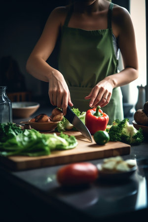 cropped shot of an unrecognizable woman chopping vegetables in a kitchen, created with generative aiの素材