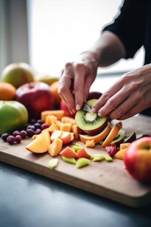 cropped shot of an unrecognizable woman chopping up some fruit, created with generative aiの素材