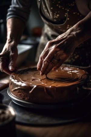 shot of an unrecognizable person making a cake in the kitchen, created with generative aiの素材