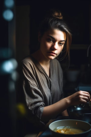 portrait of a young woman cooking at home, created with generative aiの素材