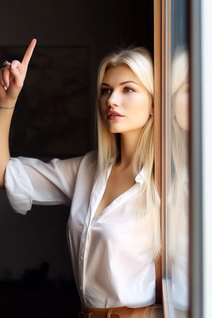 an attractive woman pointing at copyspace while standing in front of a window, created with generative aiの素材