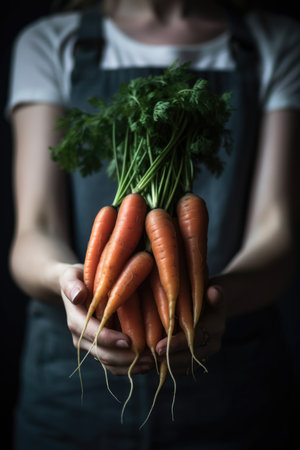 cropped shot of a woman holding a bunch of carrots in her hand, created with generative aiの素材
