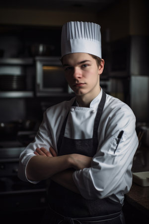 a portrait of a handsome young male chef posing in the kitchen, created with generative aiの素材