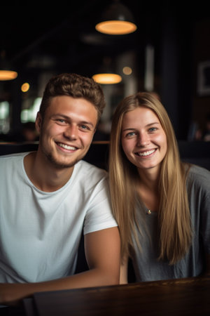 a young couple sitting in a restaurant and smiling, created with generative aiの素材