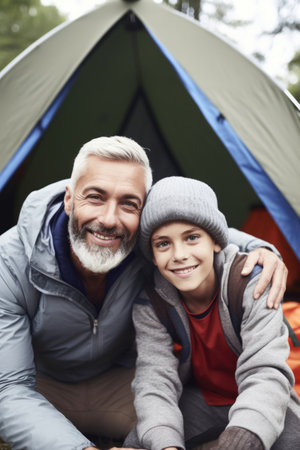 shot of a father and son camping together, created with generative aiの素材