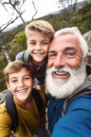 shot of a father and his son taking selfies together while on a hike, created with generative aiの素材