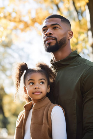 shot of a young man and his daughter standing together outdoors, created with generative aiの素材