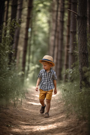 cropped shot of a little boy walking through a forest while on vacation, created with generative aiの素材