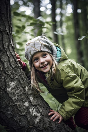 shot of a young girl having fun playing in the woods, created with generative aiの素材