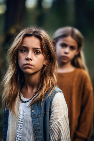 shot of a young girl looking sad while spending time with her mother in nature, created with generative aiの素材