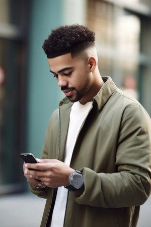 shot of a young man using his mobile phone outside, created with generative aiの素材
