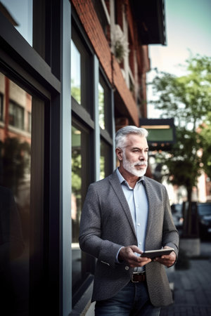 shot of a business owner using his digital tablet while standing outside, created with generative aiの素材
