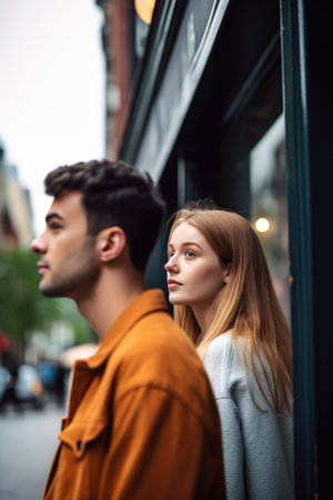 shot of a young couple looking around while standing outside, created with generative aiの素材