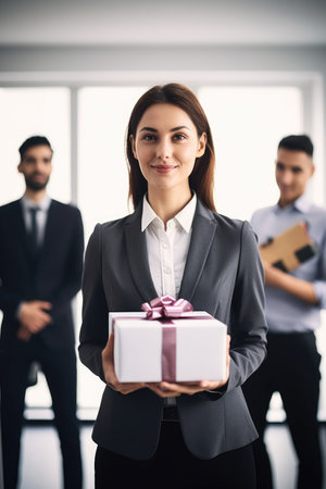 shot of a businesswoman holding some gift boxes with her colleagues in the background, created with generative aiの素材