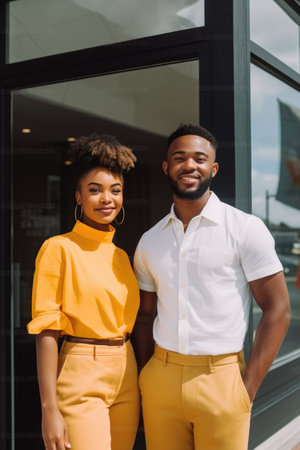cropped shot of two young business owners standing in front of their new store, created with generative aiの素材