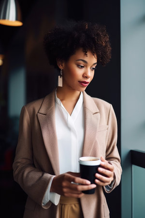 cropped shot of an attractive young business owner having coffee and looking at her phone, created with generative aiの素材