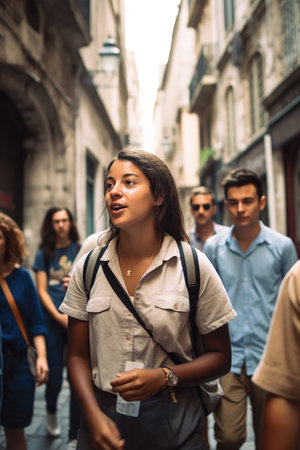 shot of a young female tour guide leading her group on a walking tour, created with generative aiの素材