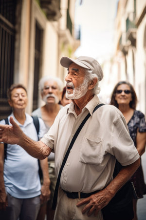 shot of a tour guide giving instructions to his seniors group, created with generative aiの素材