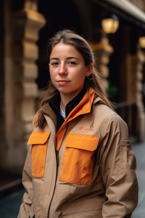 portrait of a young female tour guide outside, created with generative aiの素材